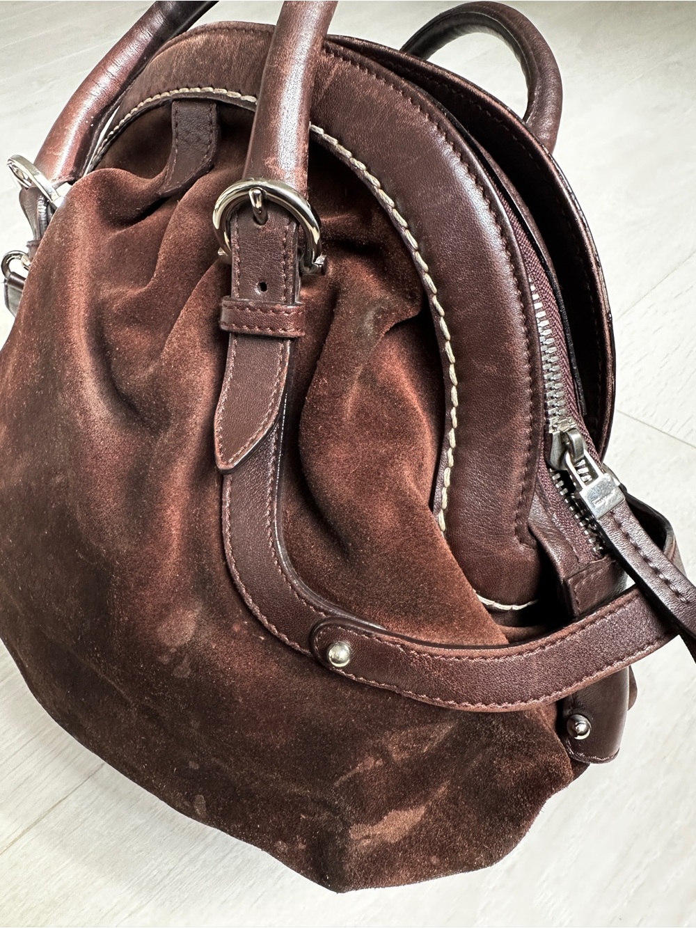 Vtg Salvatore Ferragamo Chocolate Suede & Leather Handbag Shoulder Bag Dome Bag - Picture 15 of 16